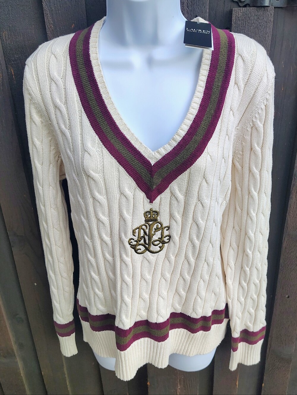 Ralph Lauren Cream Cable-Knit V-Neck Sweater with Burgundy & Olive Stripes